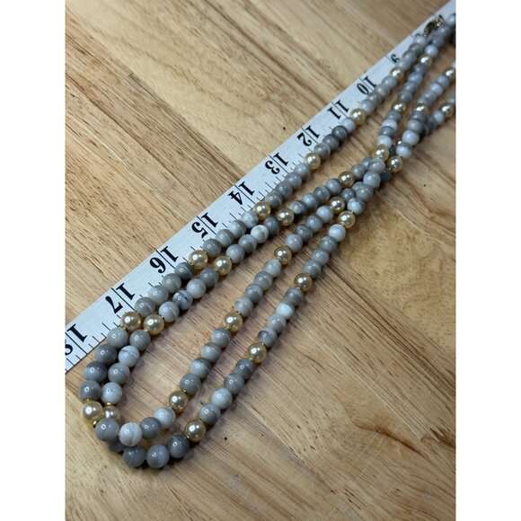 Long Beaded Necklace With Neutral Gray & Gold Tones - Picture 9 of 11